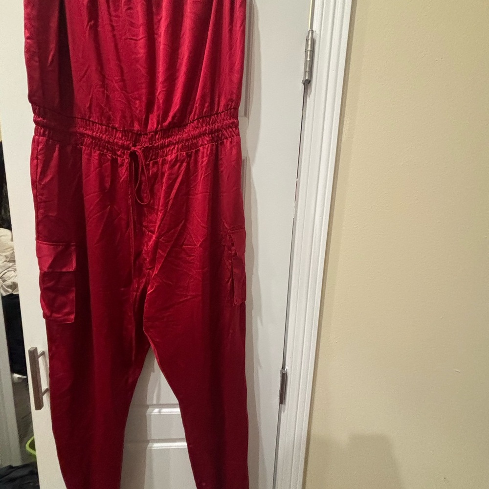 bebe Red Cargo-Style Jumpsuit with Drawstring Waist